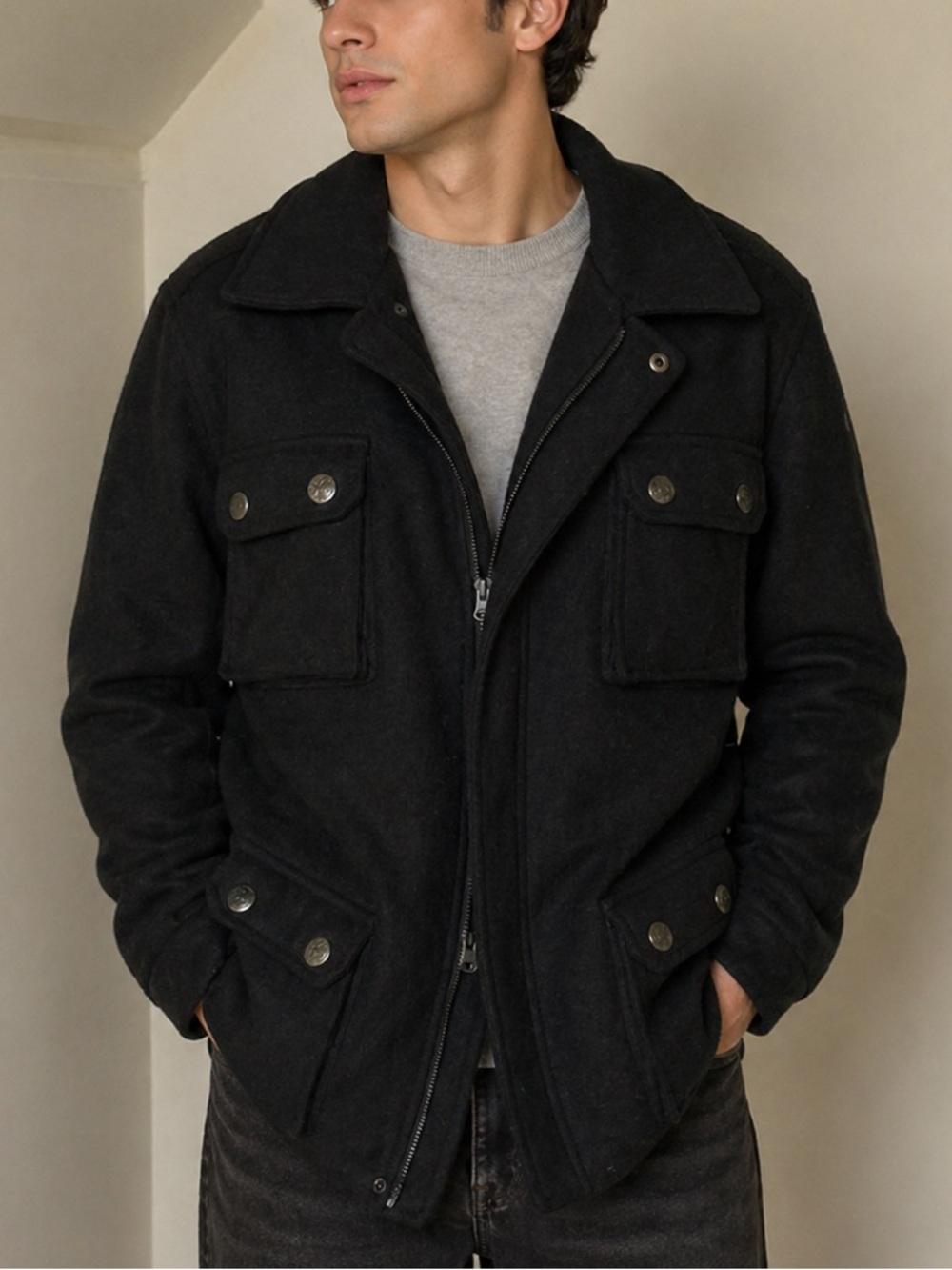 Twenty/twenty Black Utility Field Jacket Military Style Snap Pocket Wool Coat